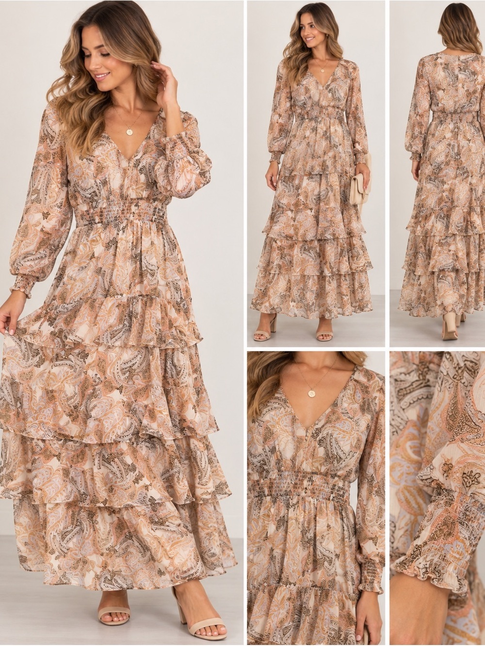 Jessica Simpson Paisley Tiered Maxi Dress Medium Boho Long Sleeve Smocked Waist
